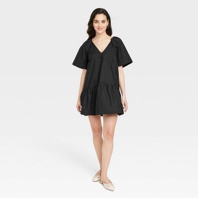 Women's Flutter Short Sleeve Mini Poplin Dress - A New Day™ Black M | Target