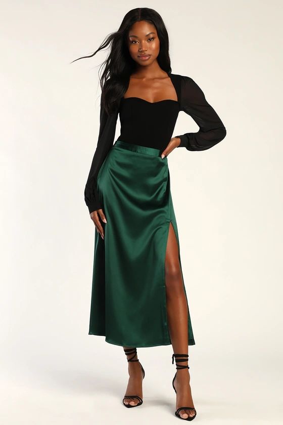 Elegant Blossoms Emerald Green Satin Midi Skirt | Lulus (US)