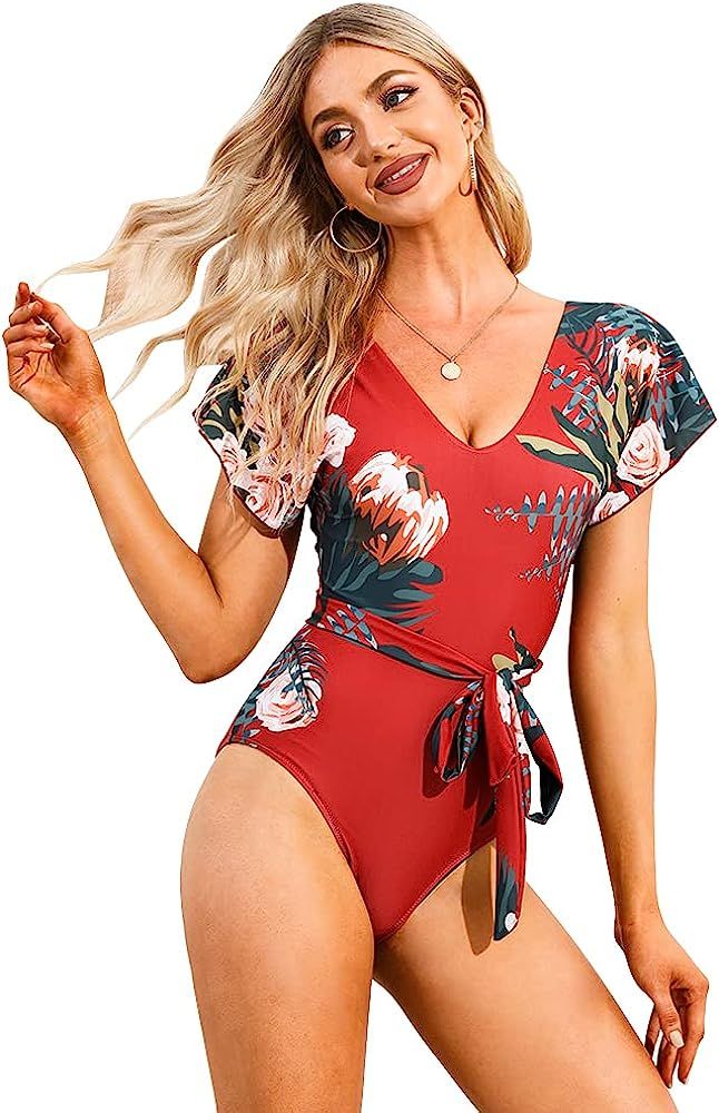 Byinns Women's V-Neck One-Piece Swimsuit with Belt Floral Printed Bathing Suits Ruffle Sleeve Swimsu | Amazon (US)