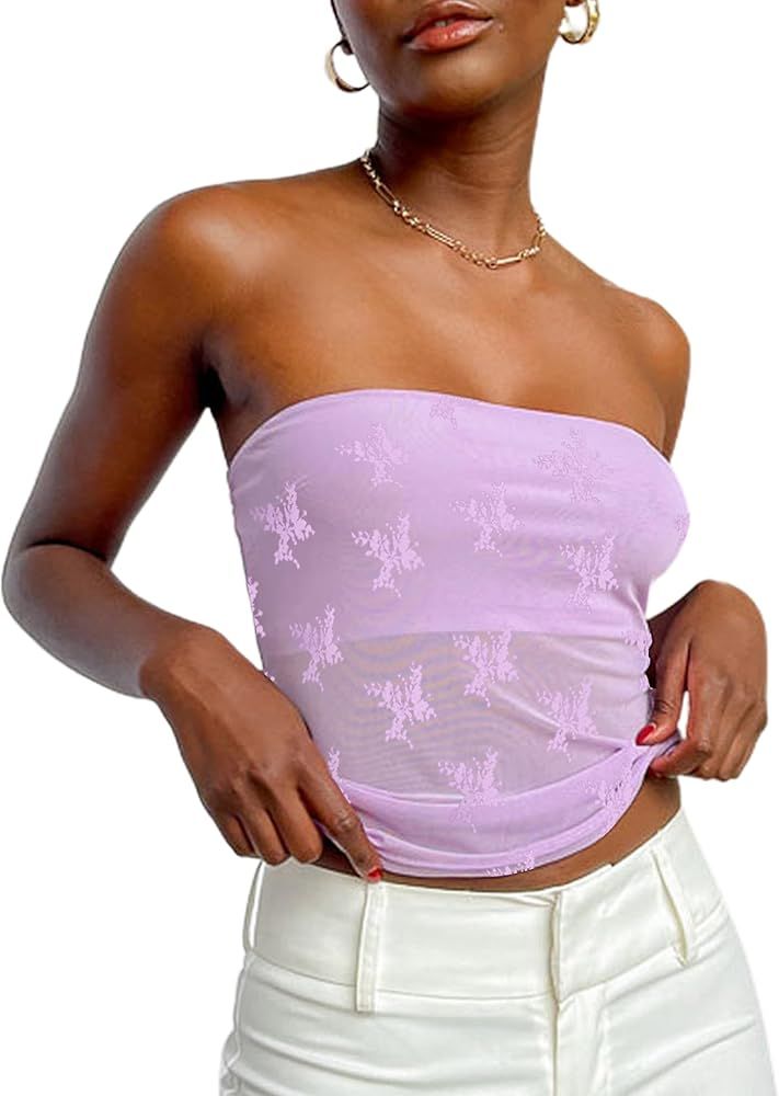 Women's Sexy Sheer Mesh Tube Top Strapless Bandeau Tops See Through Going Out Crop Top | Amazon (US)