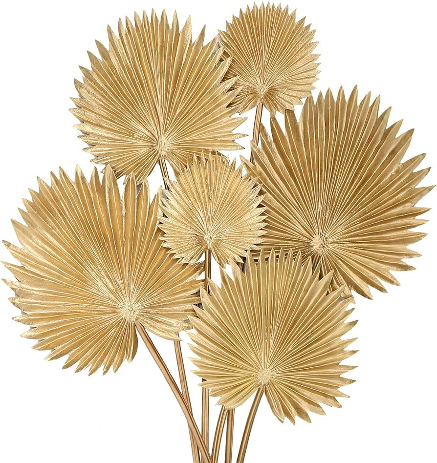 6 Pcs Pu Foam Artificial Gold Palm Leaves Faux Palm Tropical Leaves Fake Palm Fronds for DIY Wedd... | Amazon (US)