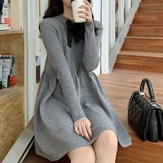 Bow-Front Mini A-Line Sweater Dress | YesStyle Global