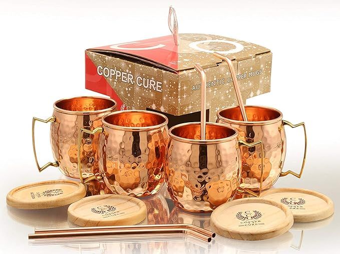 Solid Copper Mugs - Set of 4 (Gift Set) 16 Oz - Copper Hammered Mugs – 100% Handicrafted - Mugs... | Amazon (US)