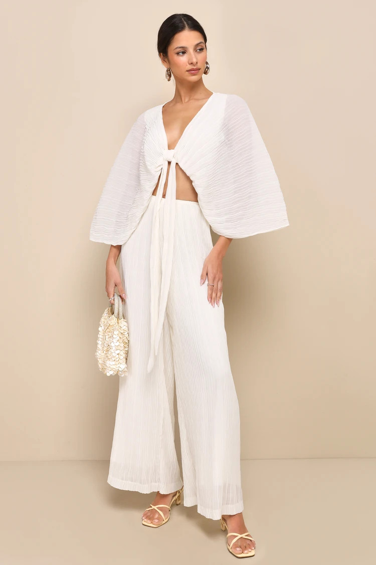 Pristine Presence Ivory Plisse Tie-Front Dolman Sleeve Crop Top | Lulus