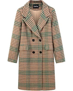 CHARTOU Women's Winter Oversize Lapel Collar Woolen Plaid Double Breasted Long Peacoat Jacket | Amazon (US)