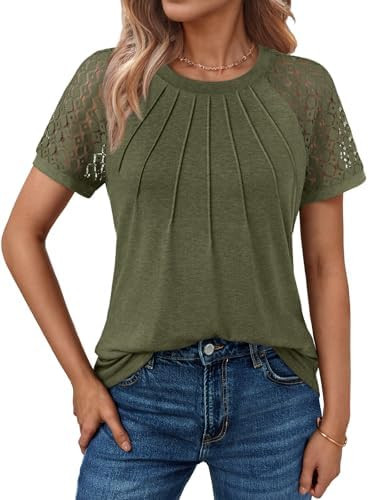 AUTOMET Women's Lace Short Sleeve Tops - Pleated Business Casual Work Shirts for Summer | Amazon (US)