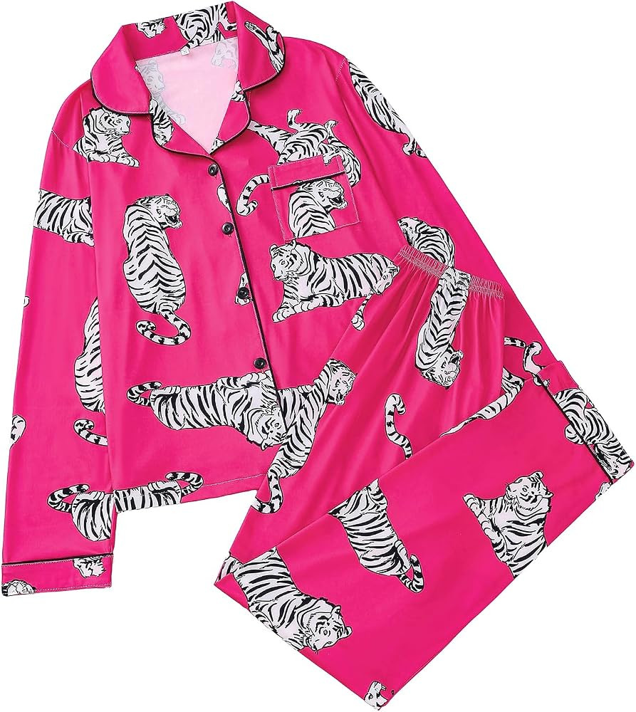 Women's 2 Piece Pajama Sets Print Long Sleeve Button Down Shirt and Pants Sleepwear Sets | Amazon (US)