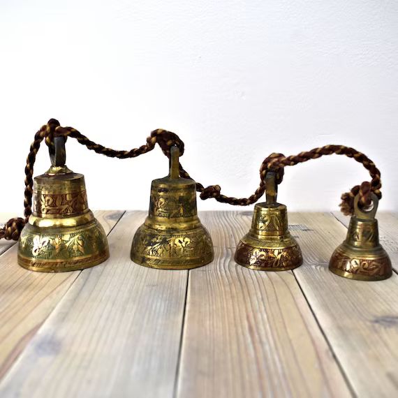 Vintage Brass Bells - Set of 4 - Round Shape with Etched and Painted Design - Can Be Strung Verti... | Etsy (US)