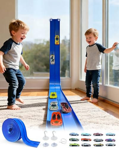 15 Ft Flexible Race Car Track Double Lane– Rolls Up Racetrack Compact, Compatible with Diecast 1/64th Cars, Outdoor Flex Track Gift for Ages 3 & Up-Blue | Amazon (US)