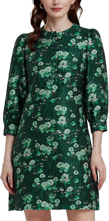D-Sun Women's Floral Jacquard Dress Crewneck 3/4 Sleeve 3D Embroidered Slim Mini Dress Button Dow... | Amazon (US)