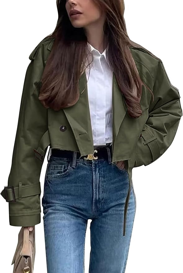 Women's Cropped Trench Coat Casual Lapel Double Breasted Short Jacket Outerwear with Belt | Amazon (US)