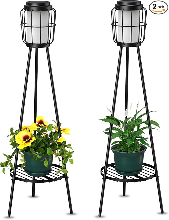 VISFLAIR Metal Solar Floor Lamps Outdoor with Plant Stand, 2 Pack Waterproof Solar Lantern Lights... | Amazon (US)