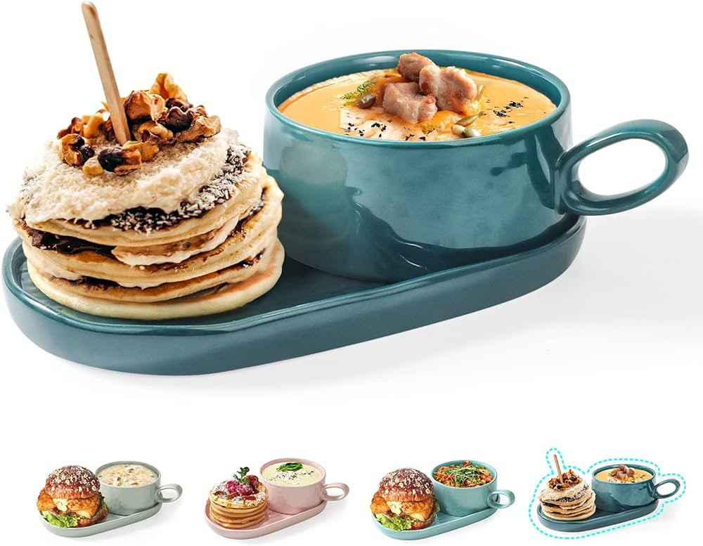 Artena Solid Soup and Sandwich Plate Combo, 16 oz Soup Bowls/Mugs/Cups with Handles in 9.85-inch ... | Amazon (US)