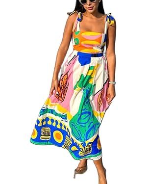 NUFIWI Women Boho Graffiti Cami Long Dress Graphic Spaghetti Strap Flowy Maxi Dress Square Neck C... | Amazon (US)