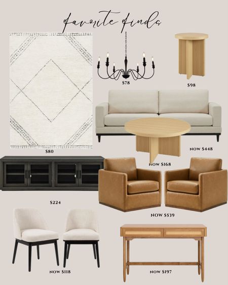 Walmart favorite finds:
White rug. Black chandelier traditional. Natural wood side table. Natural wood coffee table. Black sideboard. Brown leather accent chair. White dining chair. Natural wood desk.

#LTKhome #LTKsalealert