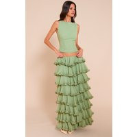 Sage Chiffon Tiered Frill Maxi Skirt | PrettyLittleThing UK