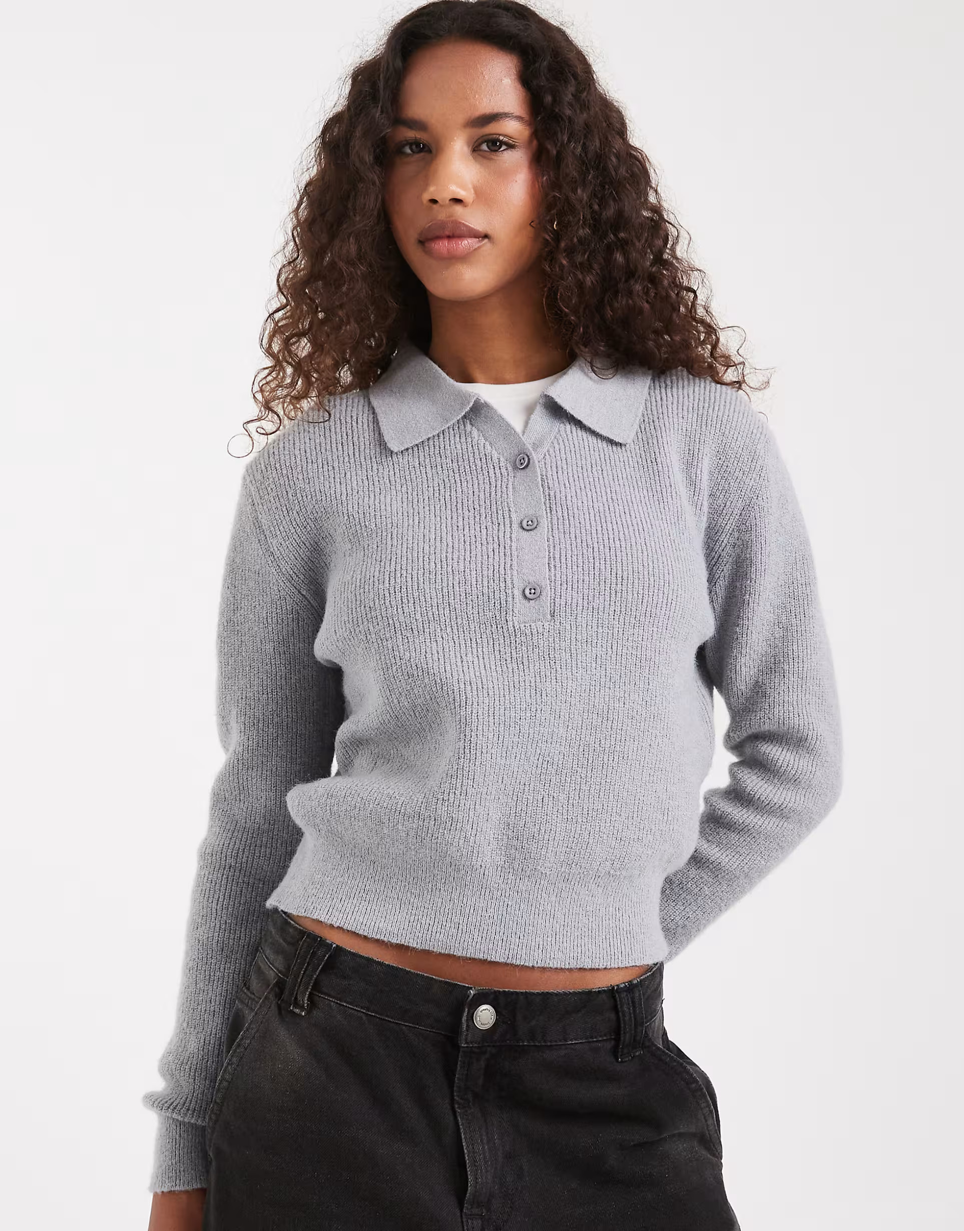 ASOS DESIGN knit relaxed collar henley sweater in light gray | ASOS | ASOS (Global)