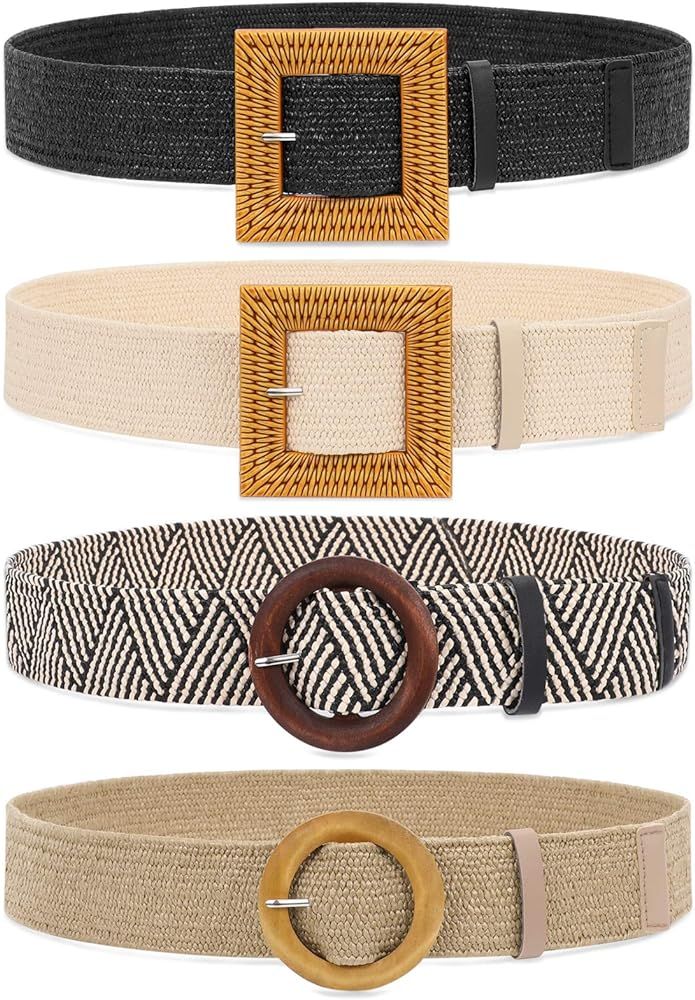 Set of 4 Straw Woven Elastic Stretch Waist Belts for Women, Fashion Boho Ladies Braided Skinny Dr... | Amazon (US)