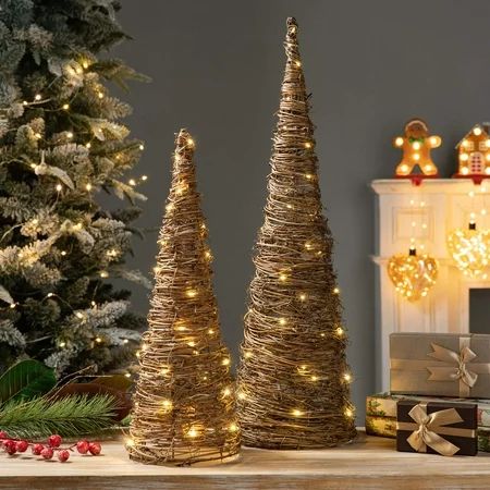 Glitzhome Set of 2 Lighted Rattan Christmas Tree Shape Tabletop Decor 18 High | Walmart (US)
