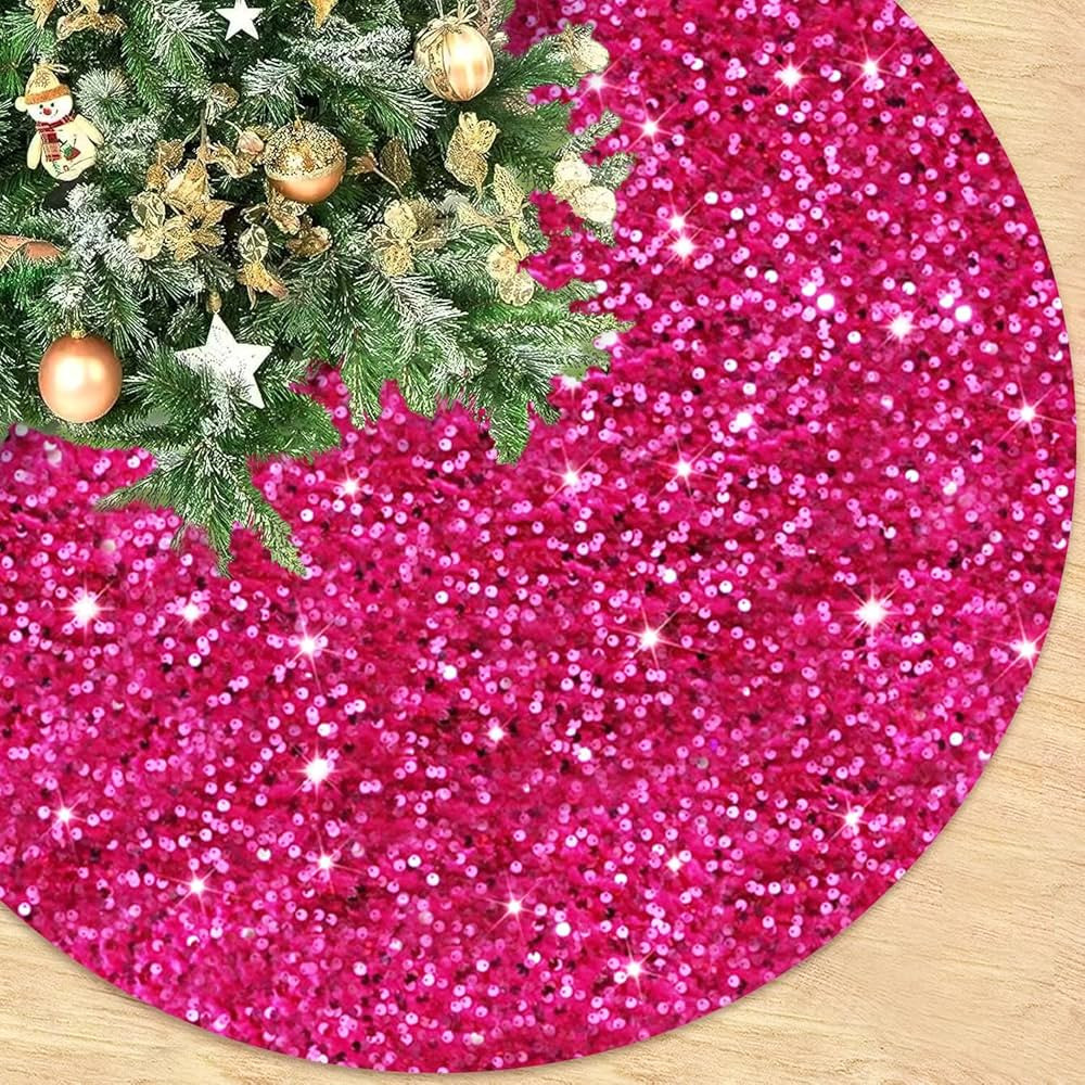 ROMANKAS Hot Pink Christmas Tree Skirt 46 Inch Large Sequins Tree Skirt Velvet Embroidered Tree S... | Amazon (US)