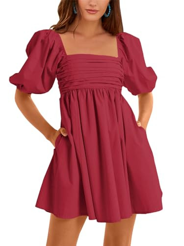 Ebifin Womens Square Neck Dresses Half Puff Sleeve High Waist A-Line Casual Backless Smocked Short Babydoll Mini Dress Red | Amazon (US)