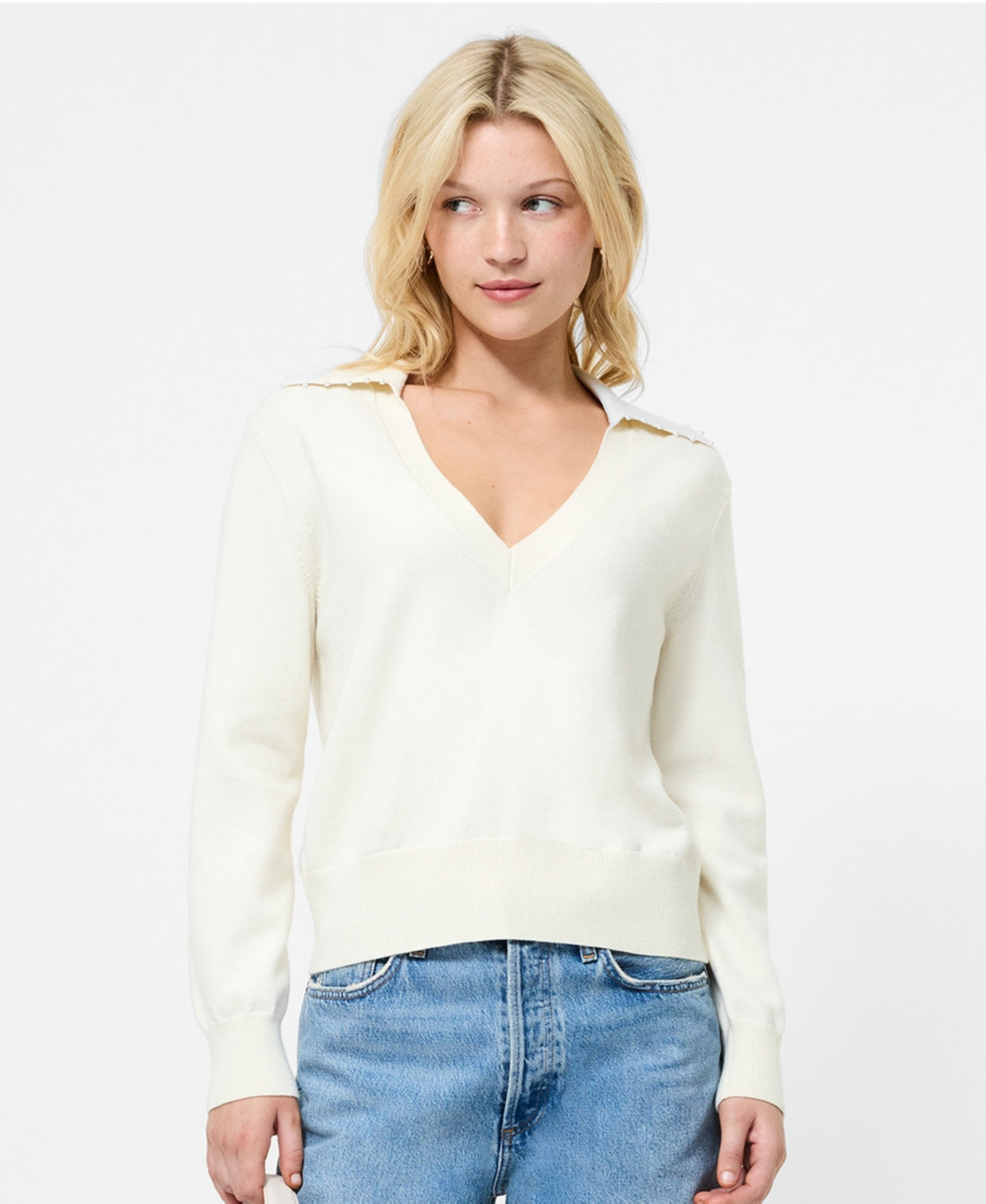 Fcuk Women's Sloane Knit Collar V-Neck Sweater - Porcelain Cream | Macy's