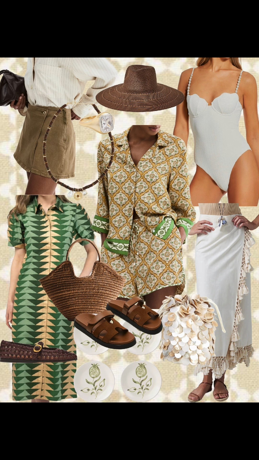 Resort finds! 

Golden hour dressing but make it timeless 🌿 Raffia textures, heritage prints, and breezy neutrals create the ultimate elevated resort capsule you’ll reach for year after year. Think polished but relaxed — pieces that mix seamlessly from beach mornings to patio dinners.

SHOP THE LOOK• Scallop detail white one-piece swimsuit• Block print green & gold tunic mini dress• Green geometric printed shirt dress• Olive utility mini skirt• Cream crochet fringe midi skirt• Raffia top handle tote bag• Brown woven loafer flats• Tan H-strap leather sandals• Wide brim chocolate raffia sun hat• Beaded charm statement necklace• Shell statement bucket bag• Botanical motif appetizer plates set

HASHTAGS#LTKStyle #LTKFinds #LTKUnder100 #GrandmillennialStyle #CoastalGrandmillennial #ResortStyle #RaffiaAccessories #BlockPrintStyle #SummerCapsuleWardrobe #ElevatedCasual #ClassicStyle #TimelessWardrobe #NeutralOutfits #PatternMixing #CoastalChic #VacationOutfits #BeachToDinner #HeritageStyle #PreppyStyle #TheBrokeBrooke

#LTKTravel #LTKootd