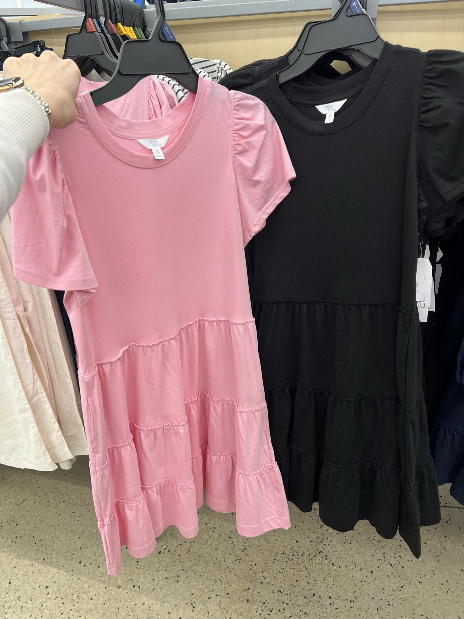 Walmart tiered flutter sleeve dresses - I got these mixed up with the cap sleeve ones but these are actually slightly different with a flutter sleeve. These are $17, the other style is $12. I went up a size to a medium and love the fit. #walmartfashion 