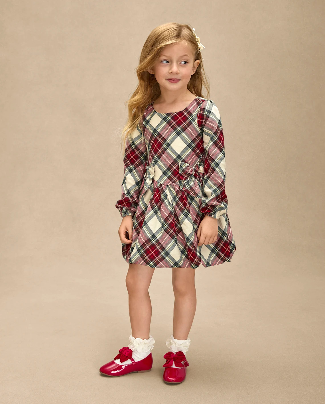 Girls Long Sleeve Plaid Bow Flannel Bubble Dress - Royal Christmas - RED | Gymboree | Gymboree