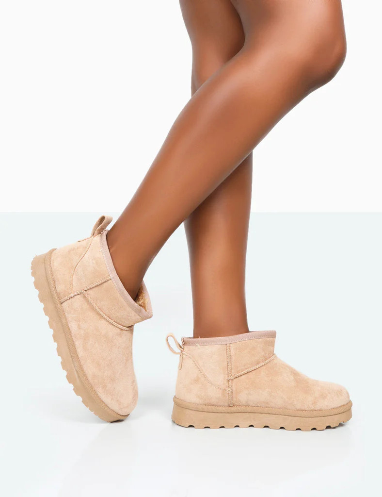 Flurry Beige Faux Suede Ultra Mini Ankle Boots | Public Desire (US & CA)