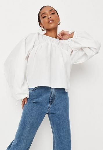 Missguided - White Poplin Balloon Sleeve Ruched Top | Missguided (US & CA)