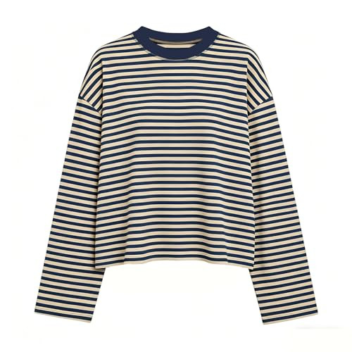 KOSUSANILL Striped Long Sleeve Shirt Women Oversized Baggy Tshirt Crewneck Boxy Cropped Tee Tops Drop Shoulder Y2K Cute Preppy Sweatshirt Vintage Teen Girls Fall Pullover Top (Yellow, L) | Amazon (US)