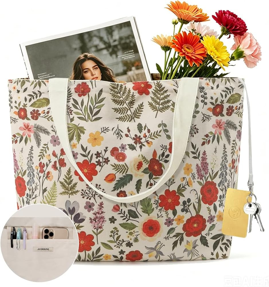 J.Corrine Large Aesthetic Canvas Tote Bag with Zipper, Inner Pocket & Key Hook - Reusable Shoulde... | Amazon (US)