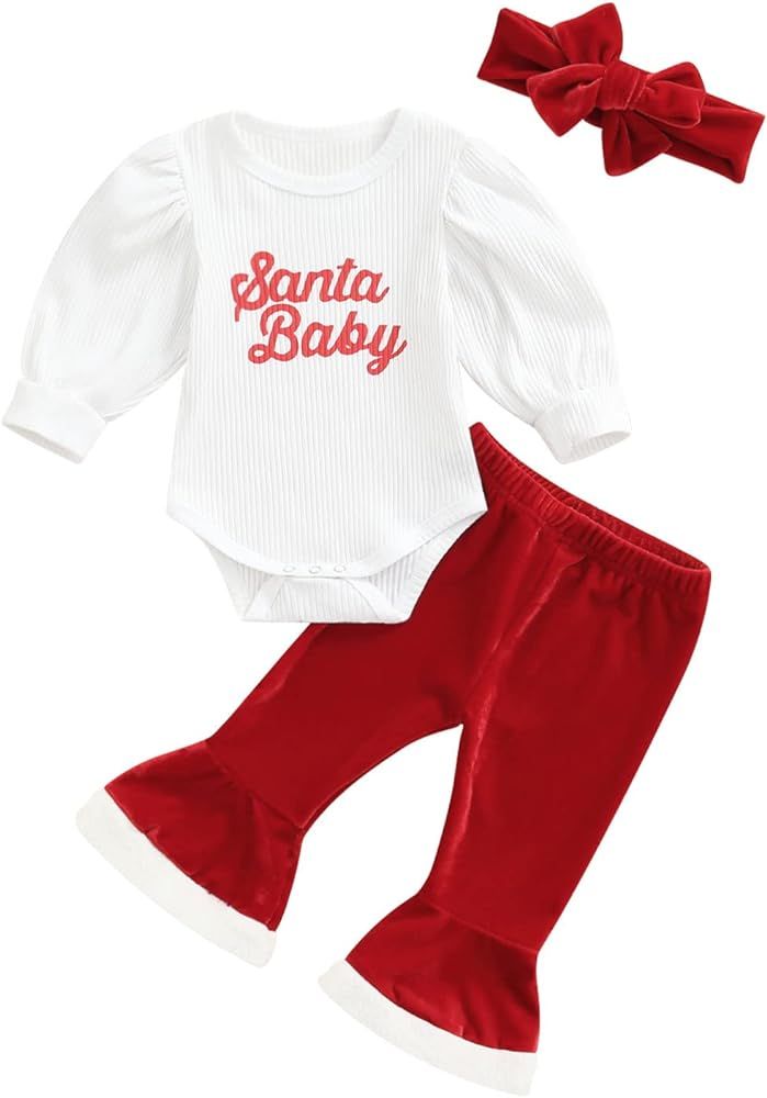 Baby Girl Christmas Outfits Bell-Bottoms Santa Long Sleeve Letter Romper Flare Pants Headband Set | Amazon (US)