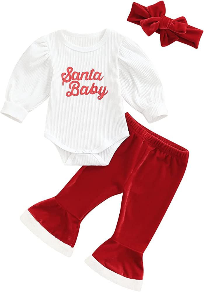 Dcohmch 3PCS Newborn Infant Baby Girls Christmas Outfits Long Sleeve Ribbed Bodysuit Ruffle Rompe... | Amazon (US)