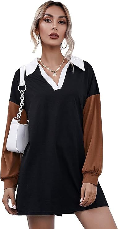 SheIn Women's Color Block Long Sleeve V Neck Collar Sweatshirt Short Tee Dress | Amazon (US)