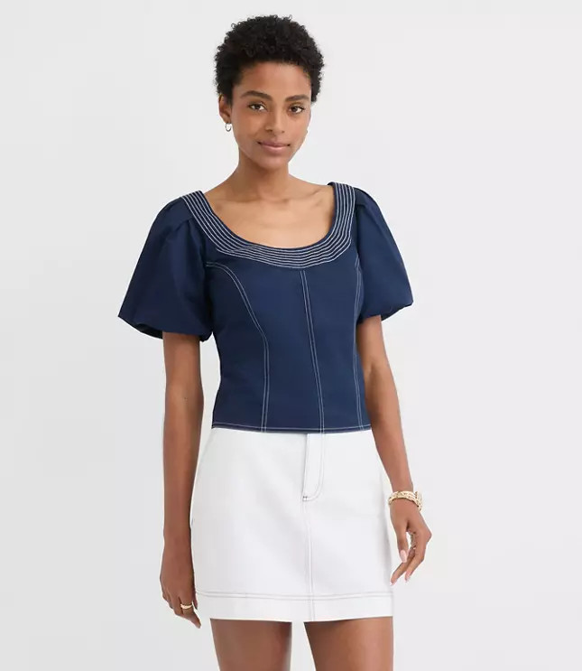 Topstitched Poplin Balloon Sleeve Top | LOFT