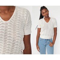 Sheer Sweater Top 80S Off-White Knit Shirt Boho Open Weave Short Sleeve 1980S Pointelle Bohemian Slo | Etsy (US)