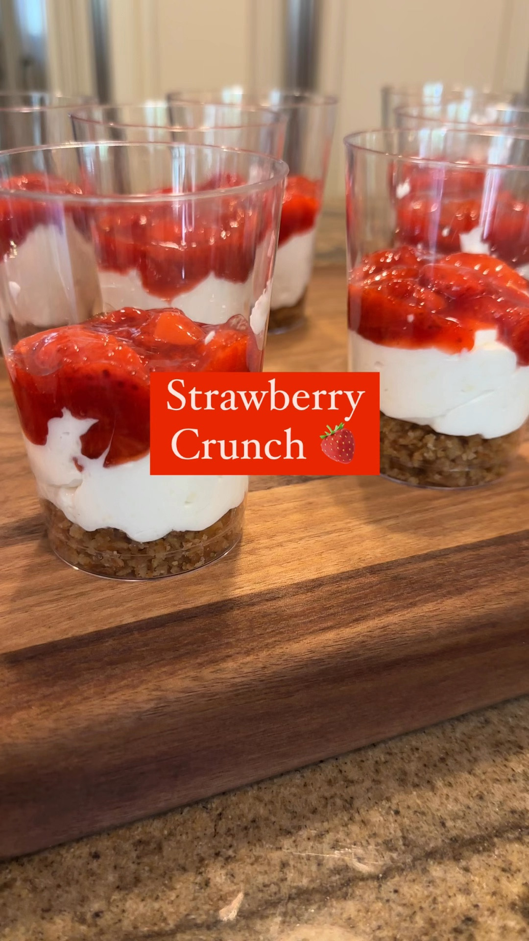 Strawberry Crunch! 
2 packages (about 4-5 cups) of fresh strawberries, washed and diced
1/3 cup sugar
2 tbsp lemon juice
1 tsp vanilla
1 tbsp cornstarch

3 cups pretzels, pulsed in the food processor into pieces
3/4 cup butter, melted
3 tbsp sugar

Cream layer:
1 8oz reduced fat cream cheese, room temp
1 8oz container of cool whip, thawed
1 cup sugar
1 tsp vanilla

Strawberry layer:
1. Add the berries and sugar to a pot. Cook over medium, stirring frequently. 
2. Once the berries begin releasing their juices, add the lemon juice, vanilla and cornstarch. Stir constantly and let it bubble for 5-10 minutes. The berries will break down and it will begin to thicken. You still want to see pieces of the berries. 
3. Remove from the heat, let cool then transfer to the fridge until fully cooled. 

For the cream filling:
1. In a mixer, beat the cream cheese until softened. Then gradually add in the sugar. Once combined, add in the cool whip and blend on high until combined.
2. Set aside, can be placed in the fridge until ready to use.

Pretzel layer:
Preheat the oven to 350.
1. Use a food processor to chop the pretzels into small pieces.
2. Add to a bowl, then add the melted butter and sugar, mix.
3. Add to a 9x13 baking dish, pat mixture into an even layer, bake for 10 minutes, let cool completely. 

Assemble:
1. Ensure berries and cream are cold before assembling, to prevent the layers from combing.
2. With a spoon, break apart the pretzel layer into small pieces.
3. Prepare 12 cups, divide pretzel mixture evenly into each cup.
4. Add 2 spoonfuls of the cream layer on top, then gently tap onto the counter to settle the mixture into each cup. Repeat until gone. 
5. Spoon 2-3 spoonfuls of the berry mixture on top of the cream until gone.
6. Cover with plastic wrap and place into the fridge until ready to eat. This will keep for 2-3 days without getting the crust soggy. 


#summerdessert #strawberry #easydessert 

#LTKParties #LTKKids #LTKHome