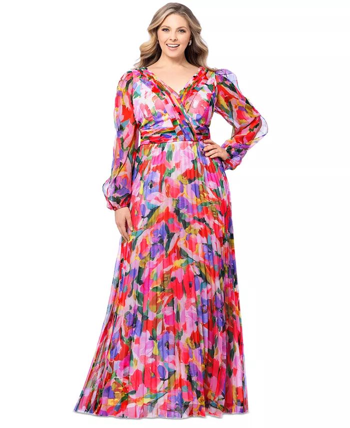 Betsy & Adam Plus Size Printed Pleated Long-Sleeve Gown - Macy's | Macy's