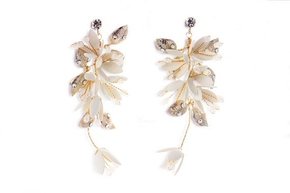 Gold Bridal Earring, Wedding Bridesmaid Earring, Spring White Flower Drop, Statement Dangle, Summ... | Etsy (US)