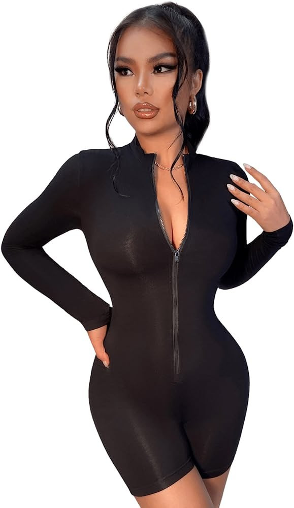 Floerns Women's Biker Shorts One Piece Zip Up Cut Out Back Romper Jumpsuit | Amazon (US)