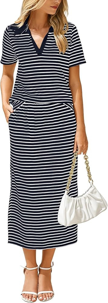 Glamaker Womens 2025 Summer Skirt Sets 2 Piece Outfits Casual Knit Striped Short Sleeve Travel Se... | Amazon (US)