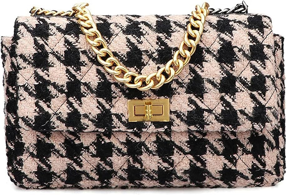 BERTY·PUYI PU Leather Houndstooth Ladies Shoulder Bag Autumn And Winter Fashion Woolen Cloth Cro... | Amazon (US)