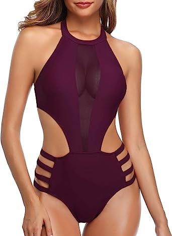 Tempt Me Women One Piece Mesh Swimsuit High Neck Halter Cutout Monokini Swimwear | Amazon (US)