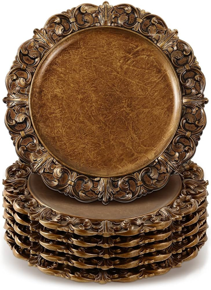 6 Pcs Antique Gold Charger Plates Bulk 13 Inch Embossed Rim Plastic Round Decorative Vintage Plat... | Amazon (US)