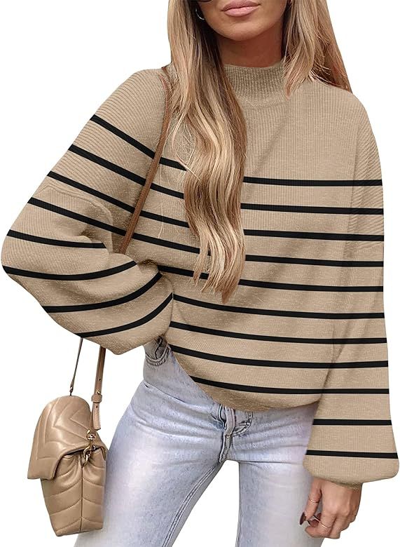 ZCSIA Women's Turtleneck Long Sleeve Striped 2023 Fall Fashion Loose Ribbed Knit Pullover Sweater... | Amazon (US)
