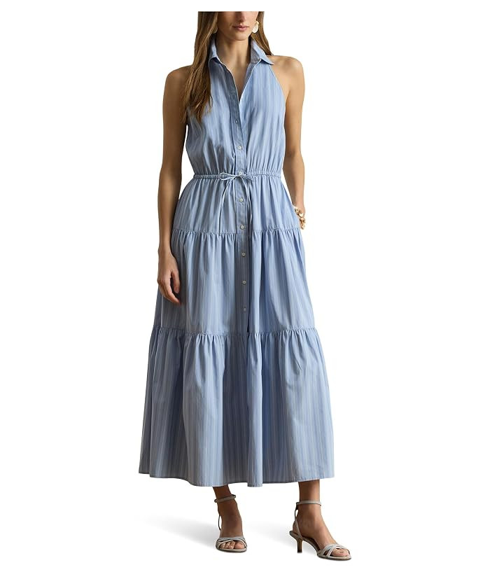 Lauren Ralph Lauren Striped Broadcloth Tiered Shirtdress Women's Dress Blue/White/ : 6, Cotton | Zappos.com