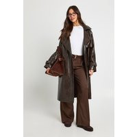boohoo Women's Vintage Look Faux Leather Trench Coat in Brown | Size: 4 | Faux Leather/Plastic | boohoo (US & Canada)