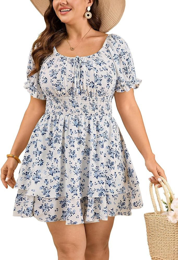 SCOMCHIC Women Plus Size Romper Dress Summer Short Jumpsuit Square Neck Puff Sleeve High Waist Ru... | Amazon (US)